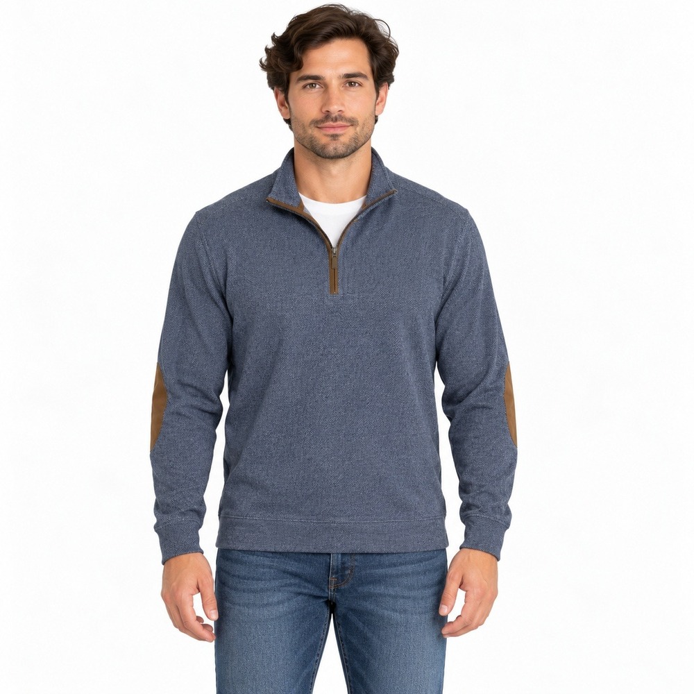 Jos A Bank Reserve Mens Blue Textured Cotton Quarter Zip Pullover Elbow Patches